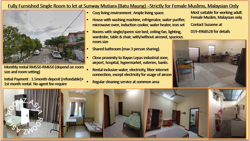 Sunway Mutiara (Batu Maung,Bayan Lepas) Fully Furnished Single Room to let –Strictly for Muslimah, Malaysian Only