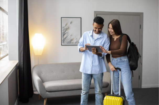 Young man and woman check tablet in cozy Roomz hotel room for rent near sofa and suitcase.